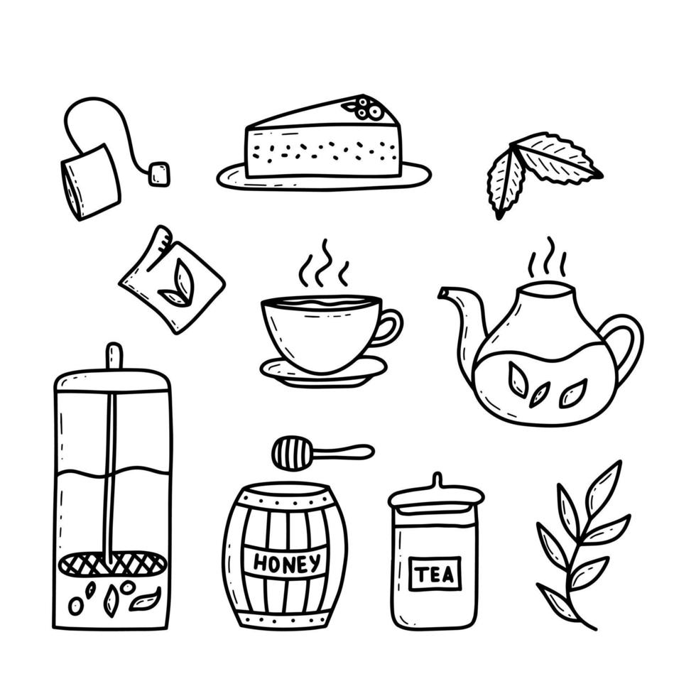 conjunto de ilustração isolada de vetor de rabiscos de tema de beber chá