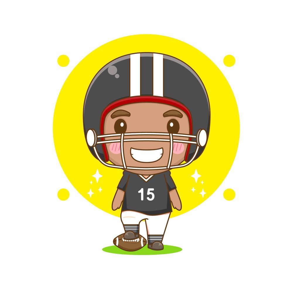 jogador de futebol americano bonito segurando rugby e vestindo ilustração de desenho animado chibi de capacete vermelho vetor