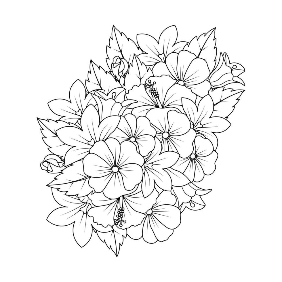 design de arte de doodle de flor de hibisco de página para colorir com gráfico vetorial de arte de linha detalhada vetor