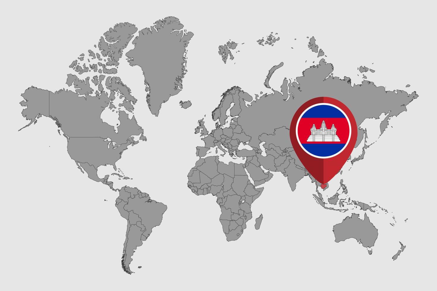 pin mapa com bandeira do Camboja no mapa do mundo. ilustração vetorial. vetor