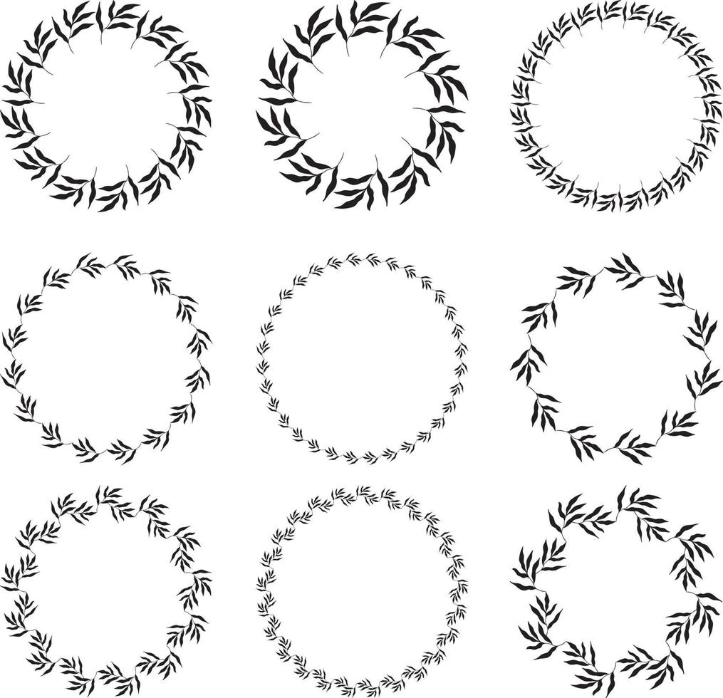 ilustração da coleção de molduras pretas em forma de círculo sortidas feitas de plantas em fundo branco isolado vetor