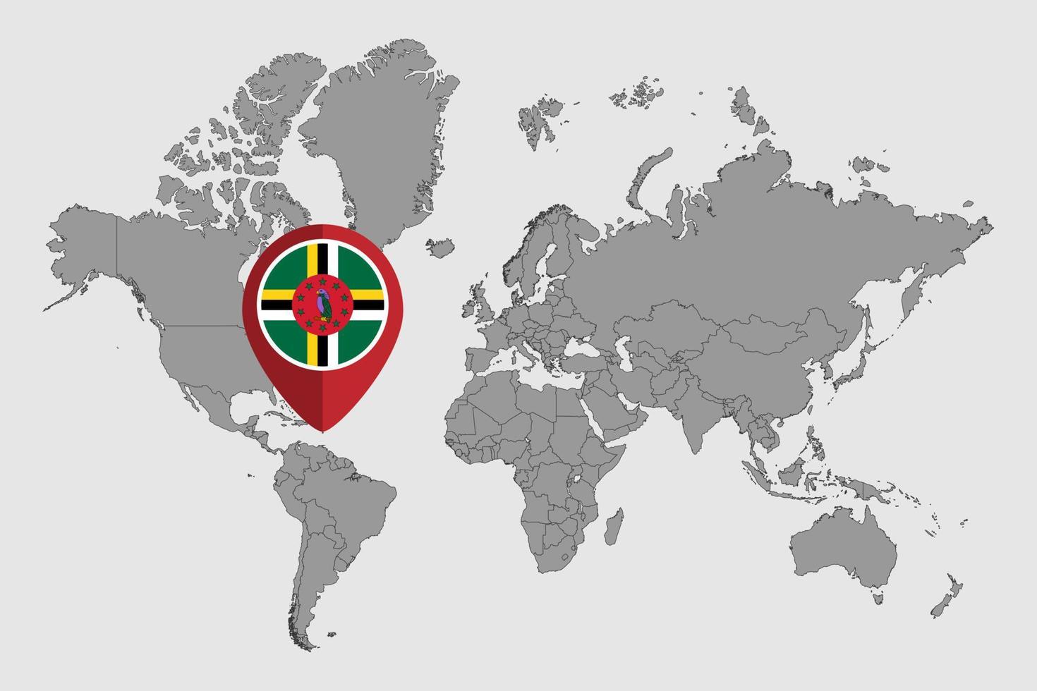 pin mapa com bandeira dominica no mapa do mundo. ilustração vetorial. vetor