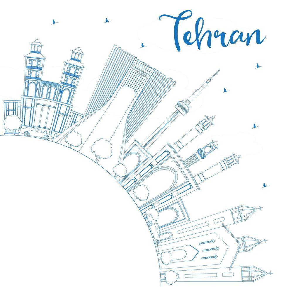 delinear o horizonte de Teerã com marcos azuis e copie o espaço. vetor