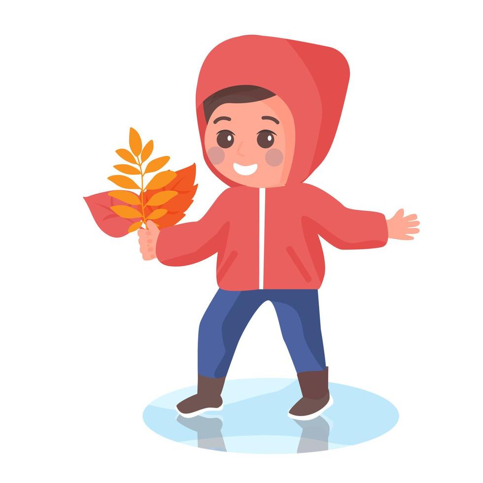 garoto com ilustração vetorial isolado de folhas de outono. criança vestindo capa de chuva e botas, de pé na poça. sorrindo clipart de personagem de menino bonito em estilo simples. vetor