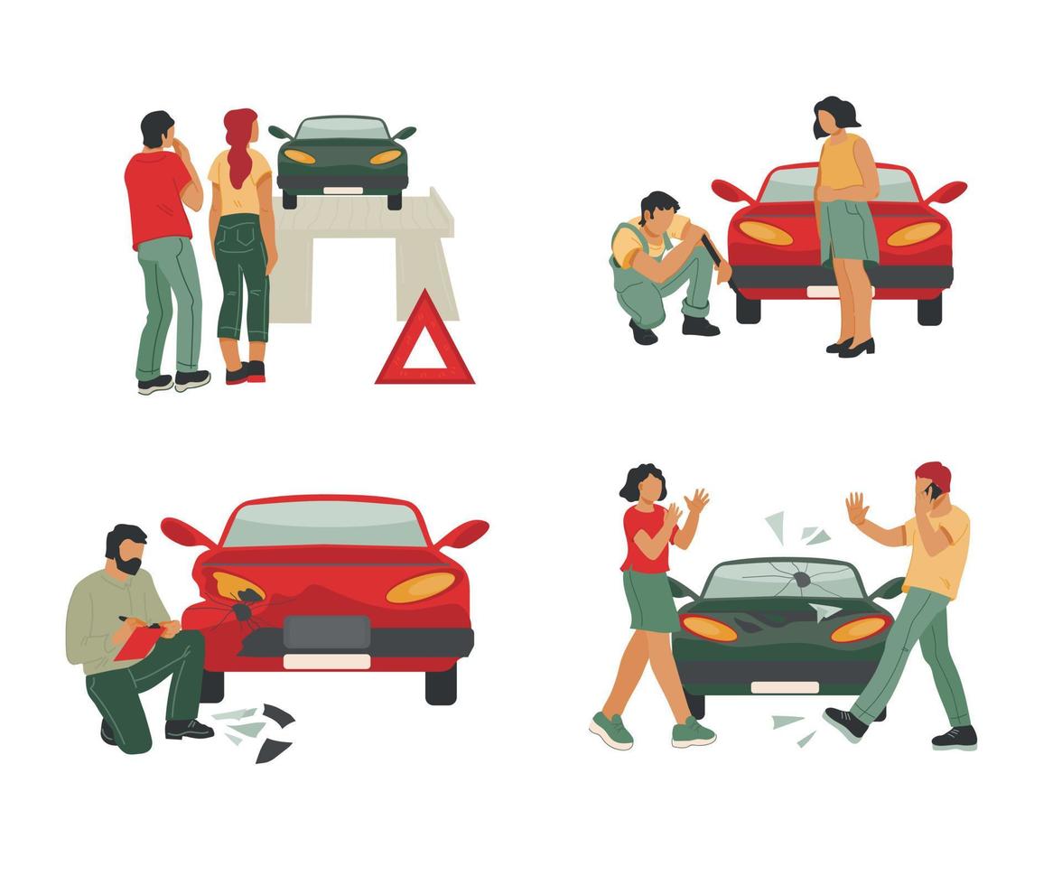 reparação e seguro automóvel, assistência rodoviária ou serviço de reboque com personagens de pessoas. ajuda de reparador, inspetor de acidentes automobilísticos ou agente de seguros. ilustração vetorial plana isolada. vetor