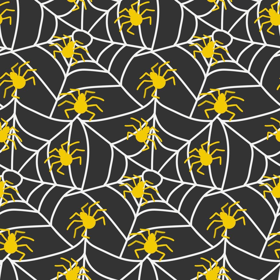 teia de aranha assustadora e aranhas amarelas sem costura padrão isolado ilustração vetorial. fundo de teia de aranha. impressão repetida sem fim de halloween. vetor