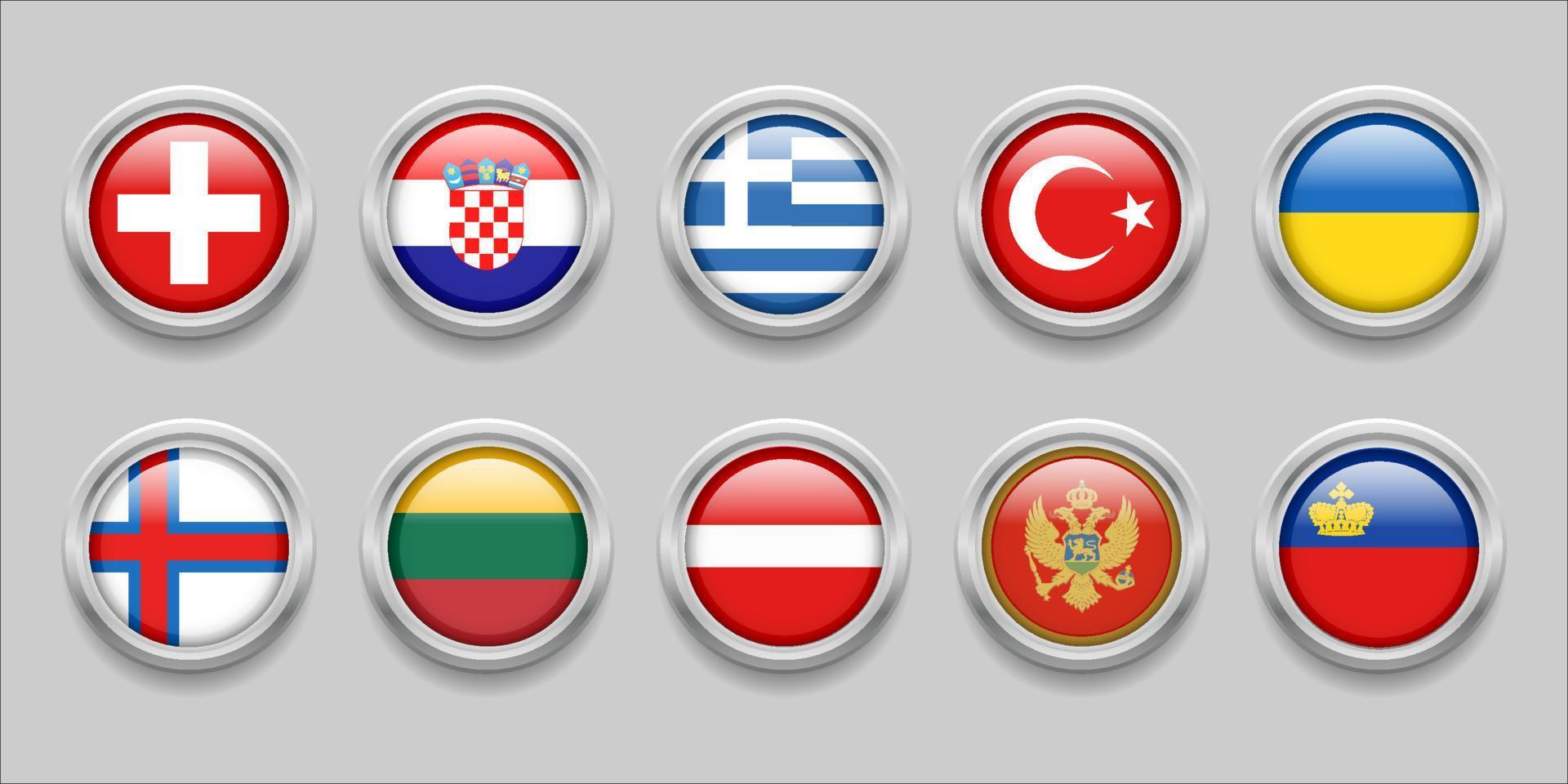 europa round flags set collection 3d round flag, distintivo, ilhas faroe, suíça, croácia, turquia, letônia, ucrânia, liechtenstein, lituânia, grécia, montenegro vetor