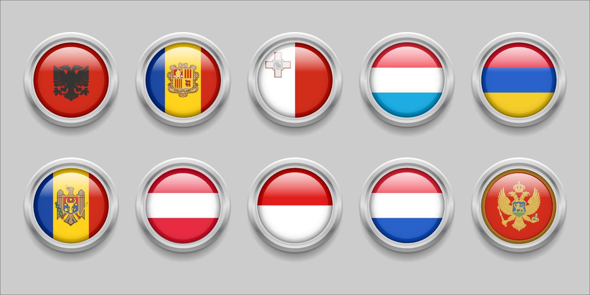 europa round flags set collection 3d round flag, distintivo, Albânia, Luxemburgo, Andorra, Malta, Armênia, Moldávia, Áustria, Mônaco, Países Baixos, Montenegro vetor