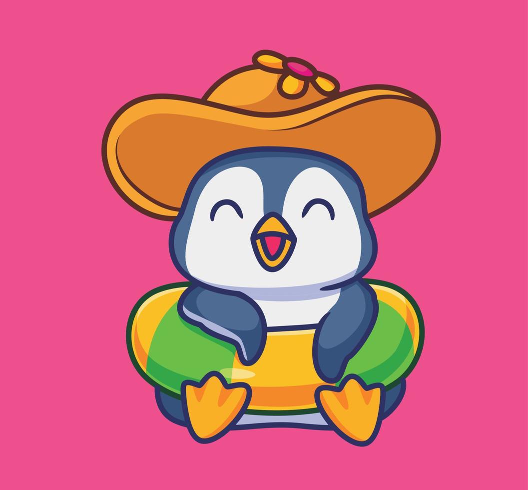 férias de férias de pinguim bonitinho com chapéu de bóia salva-vidas para o verão. ilustração animal isolada dos desenhos animados. vetor de logotipo premium de design de ícone de adesivo de estilo simples. personagem mascote