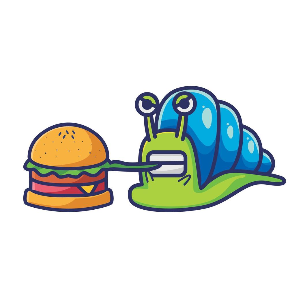caracol fofo com fome comendo um hambúrguer. ilustração isolada do conceito de comida animal dos desenhos animados. estilo plano adequado para vetor de logotipo premium de design de ícone de adesivo. personagem mascote