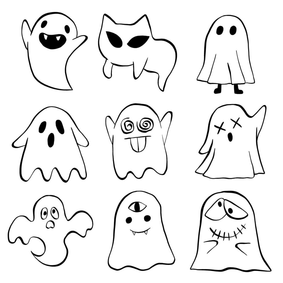 ilustração em vetor de halloween pequena linha de desenho animado fantasma em fundo branco.