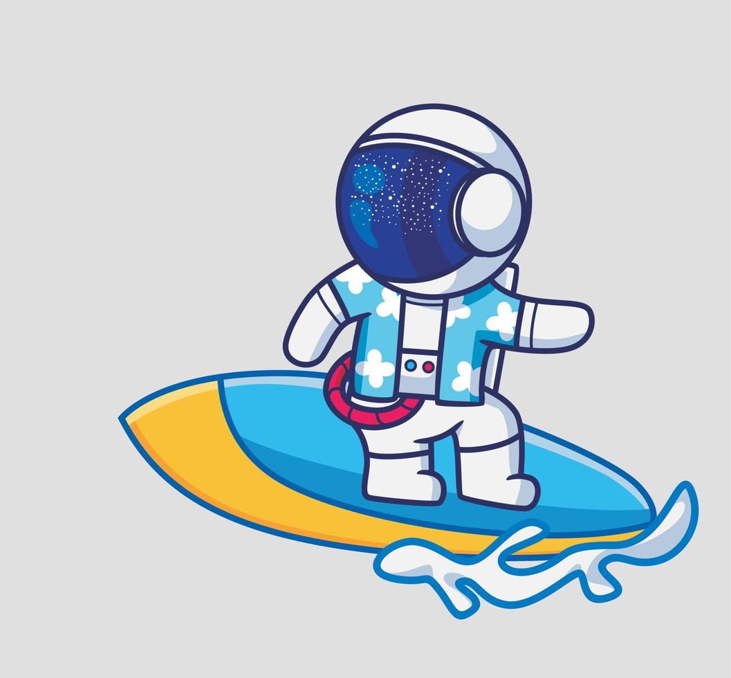 astronauta fofo surfando. desenhos animados viagens férias férias verão conceito isolado ilustração. estilo plano adequado para vetor de logotipo premium de design de ícone de adesivo. personagem mascote