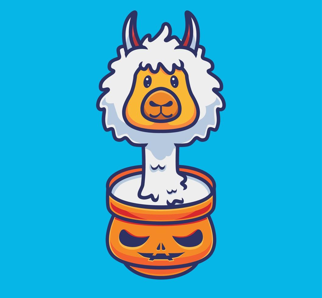 alpaca fofa na tigela de abóbora. ilustração de halloween dos desenhos animados isolado. estilo plano adequado para vetor de logotipo premium de design de ícone de adesivo. personagem mascote