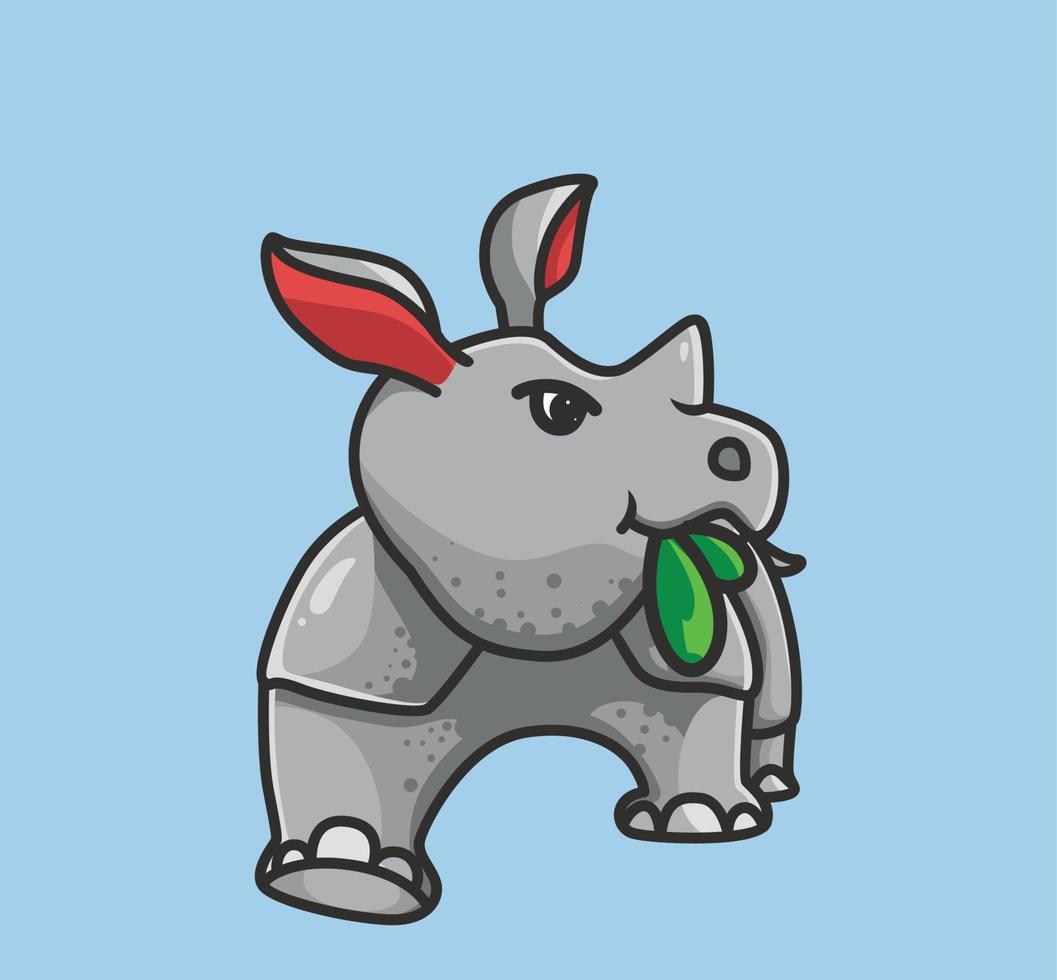 rinoceronte fofo comendo uma folha. ilustração isolada do conceito de natureza animal dos desenhos animados. estilo plano adequado para vetor de logotipo premium de design de ícone de adesivo. personagem mascote
