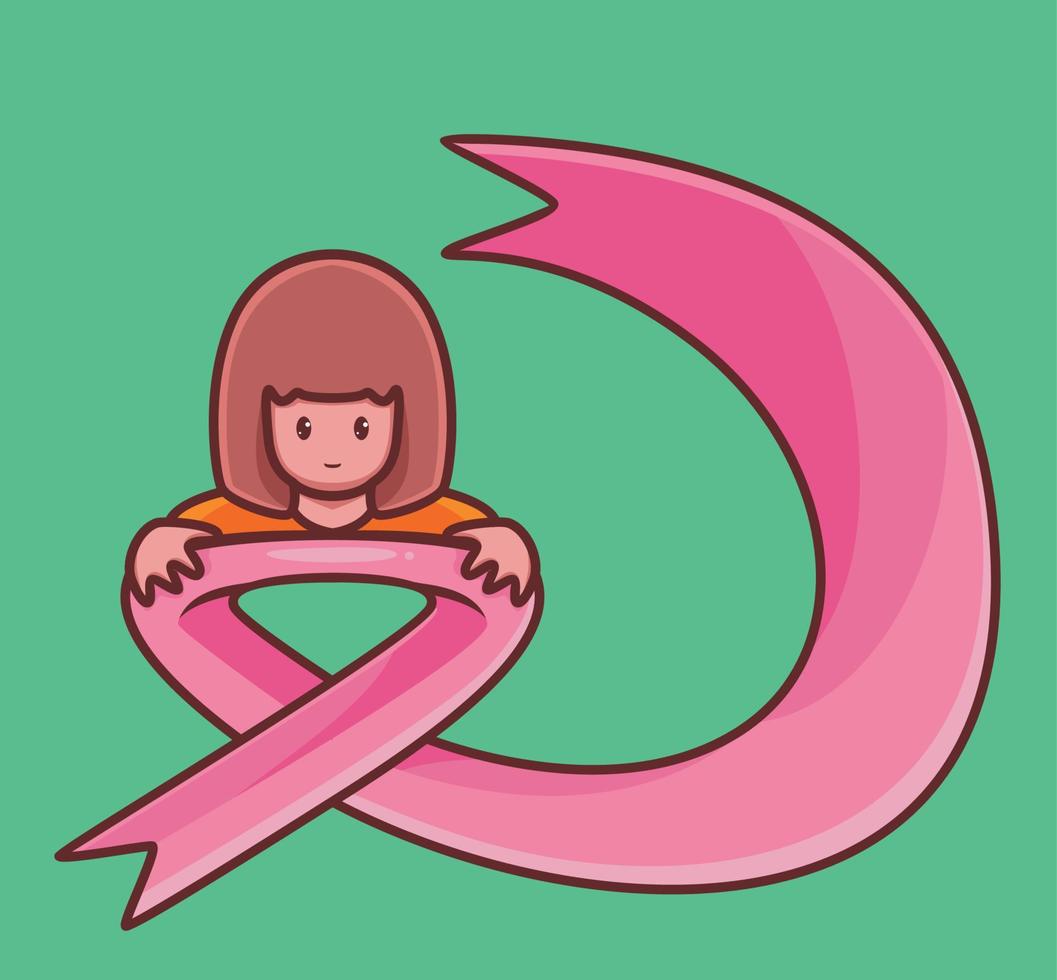 garota com câncer de mama abraça uma fita rosa. ilustração isolada do conceito de câncer de mulher dos desenhos animados. estilo plano adequado para vetor de logotipo premium de design de ícone de adesivo