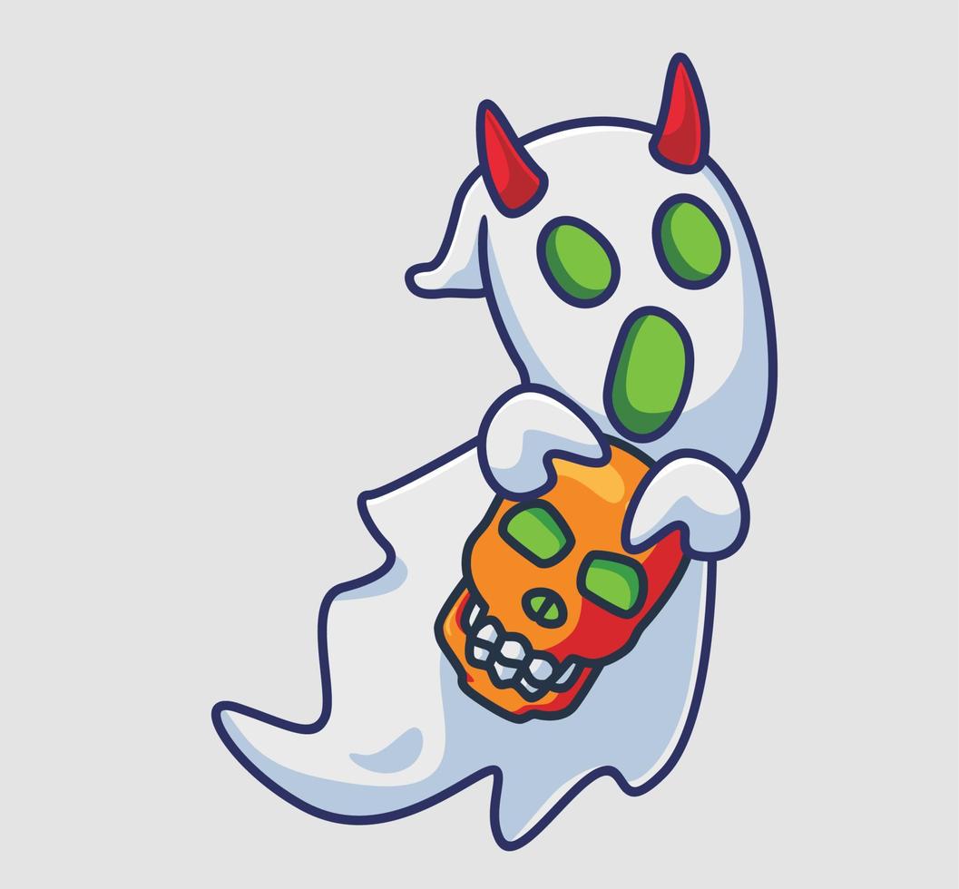 bonito fantasma com chifres traz uma caveira. ilustração de halloween dos desenhos animados isolado. estilo plano adequado para vetor de logotipo premium de design de ícone de adesivo. personagem mascote