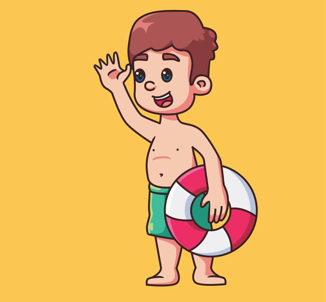 crianças brincando de praia segurando bóia salva-vidas. ilustração de pessoa isolada dos desenhos animados. vetor de elemento de adesivo de estilo simples