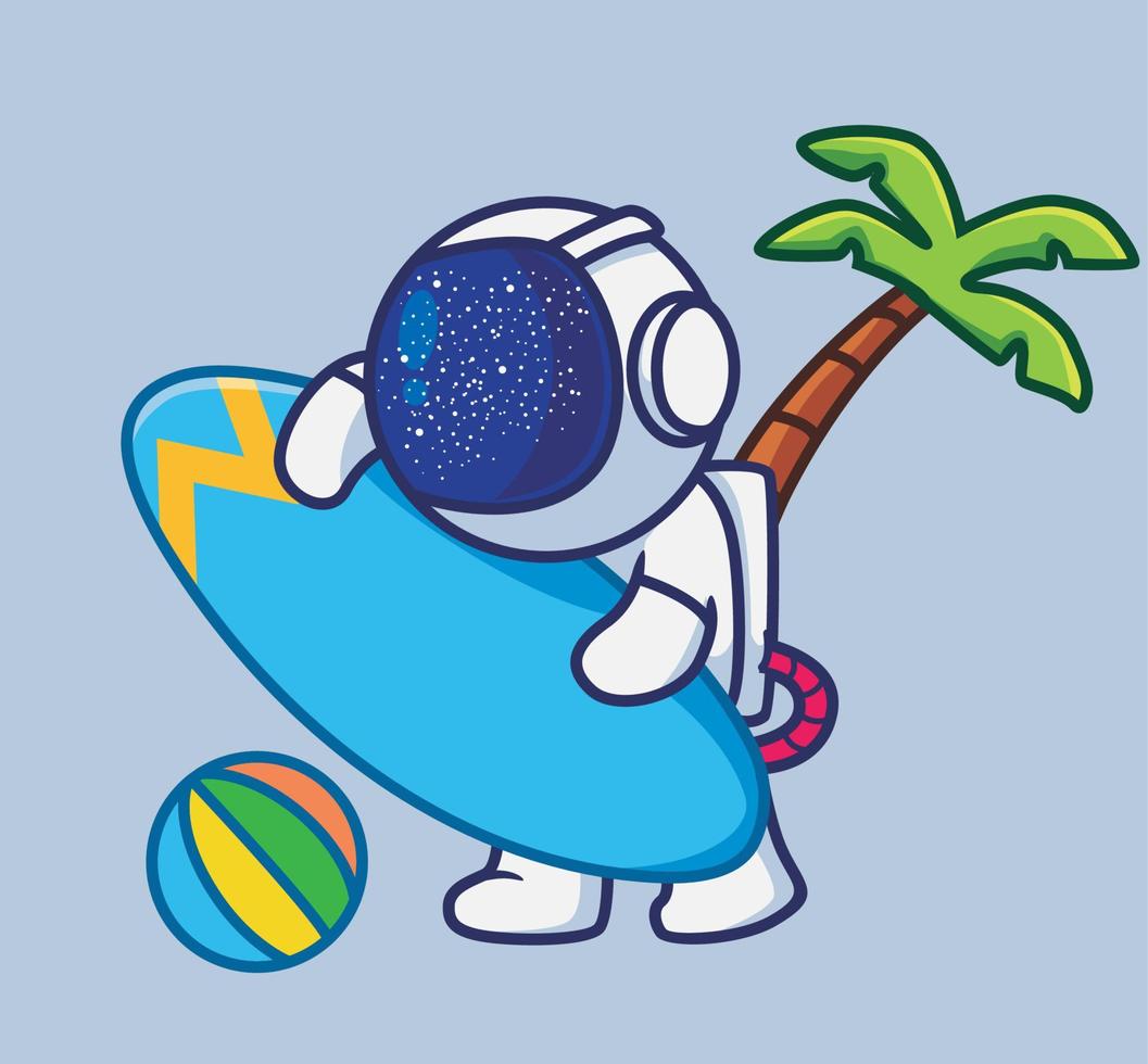 personagem de astronauta bonito dos desenhos animados com prancha de surf pronta para surfar férias de verão na praia com bola colorida e palmeira de coco. logotipo de vetor premium de ilustração de ícone de estilo plano de desenho animado