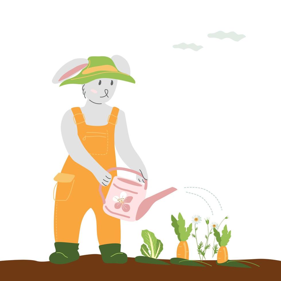 jardineiro de lebre regando legumes no jardim vetor