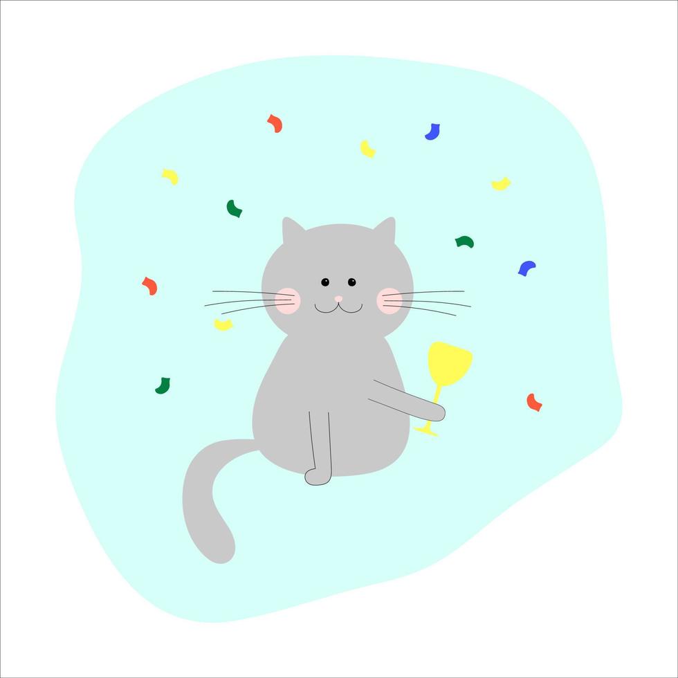 gato cinza segurando uma taça de champanhe sob confetes coloridos vetor