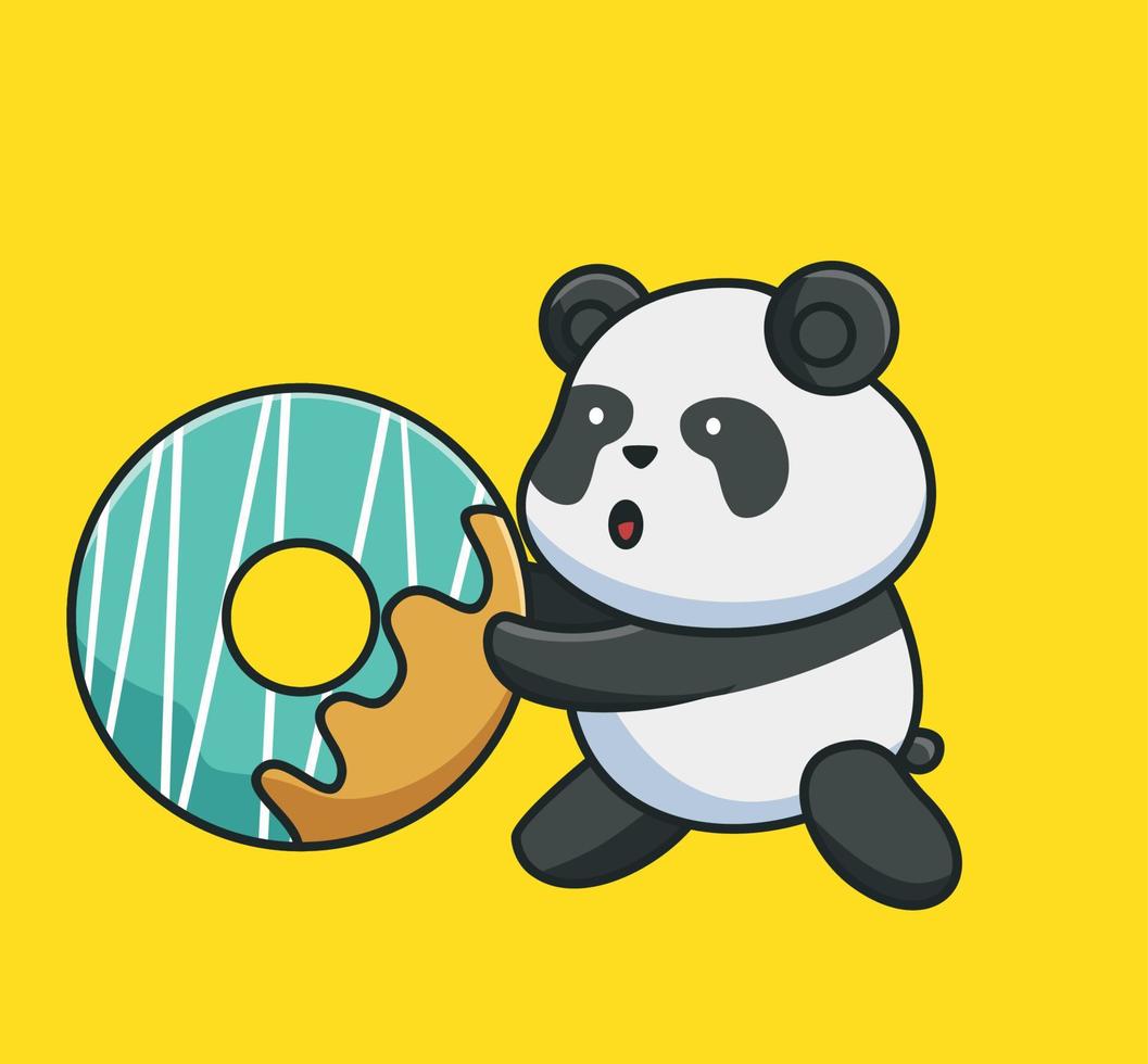 panda bebê fofo dos desenhos animados comendo e jogando gigante rolante. ilustração isolada do conceito de comida animal dos desenhos animados. estilo plano adequado para vetor de logotipo premium de design de ícone de adesivo. personagem mascote