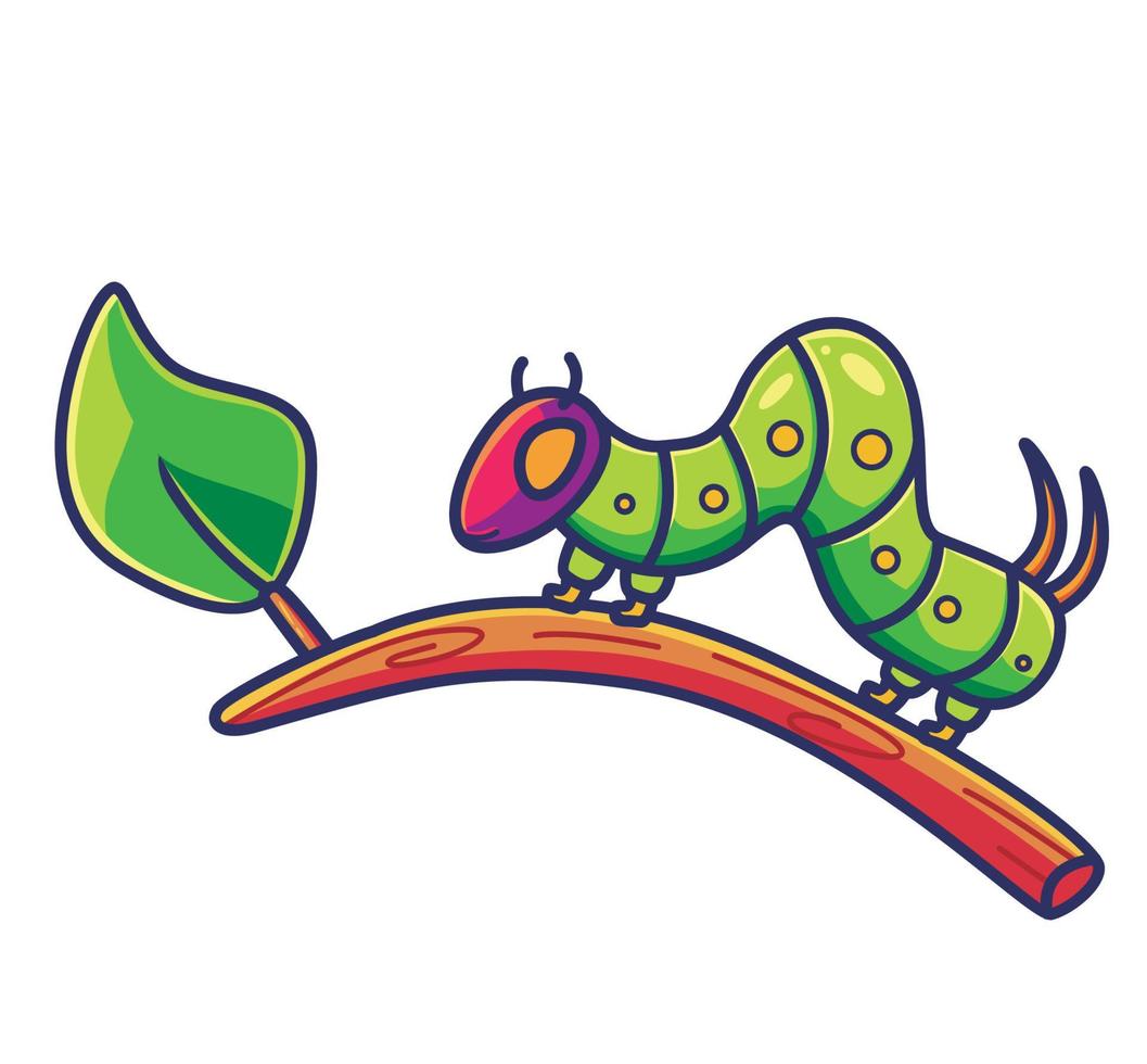 lagarta bonitinha na folha de galho de árvore. animal cartoon isolado estilo plano adesivo web design ícone ilustração personagem de mascote de logotipo de vetor premium