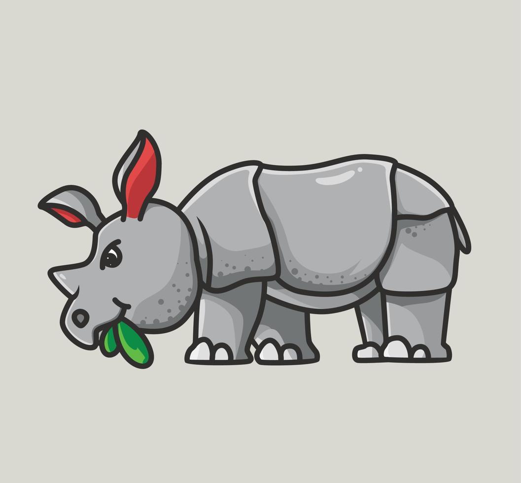 rinoceronte fofo comendo uma comida de grama. rinoceronte bonito olhando para cima com pele grossa. ícone de ilustração de estilo plano animal dos desenhos animados mascote de logotipo de vetor premium adequado para personagem de banner de web design