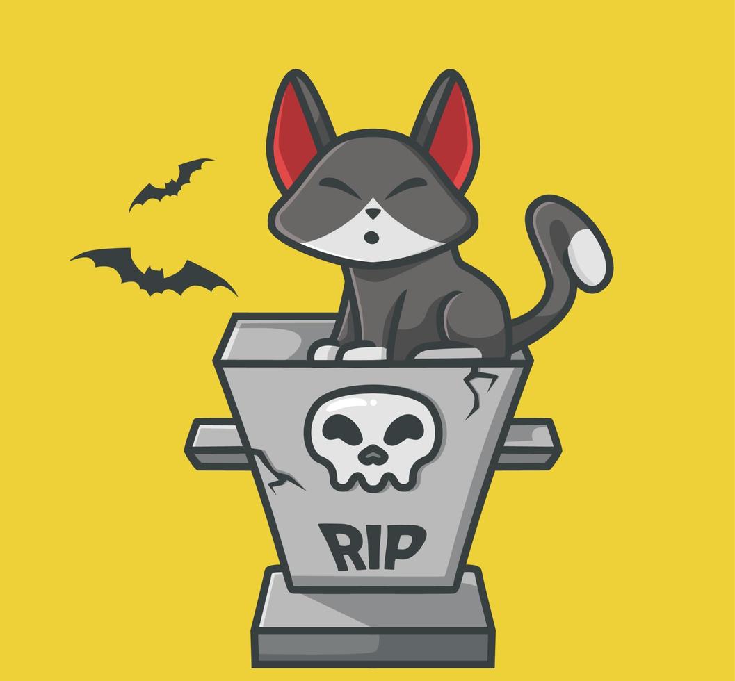 gato preto bonito sentado na sepultura. ilustração isolada do conceito de evento de halloween animal dos desenhos animados. estilo plano adequado para vetor de logotipo premium de design de ícone de adesivo. personagem mascote