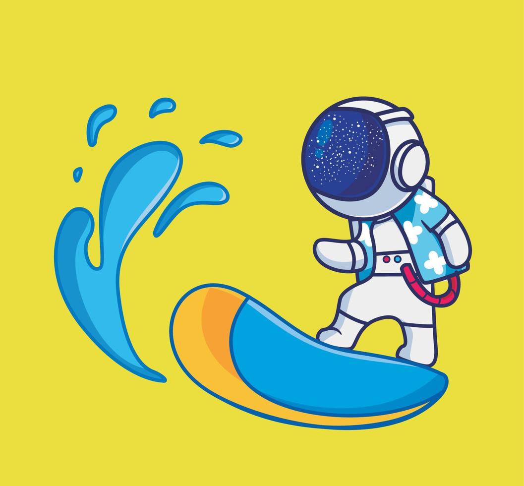 astronauta bonito jogando onda enorme de prancha de surf. desenhos animados viagens férias férias verão conceito isolado ilustração. estilo plano adequado para vetor de logotipo premium de design de ícone de adesivo. personagem mascote