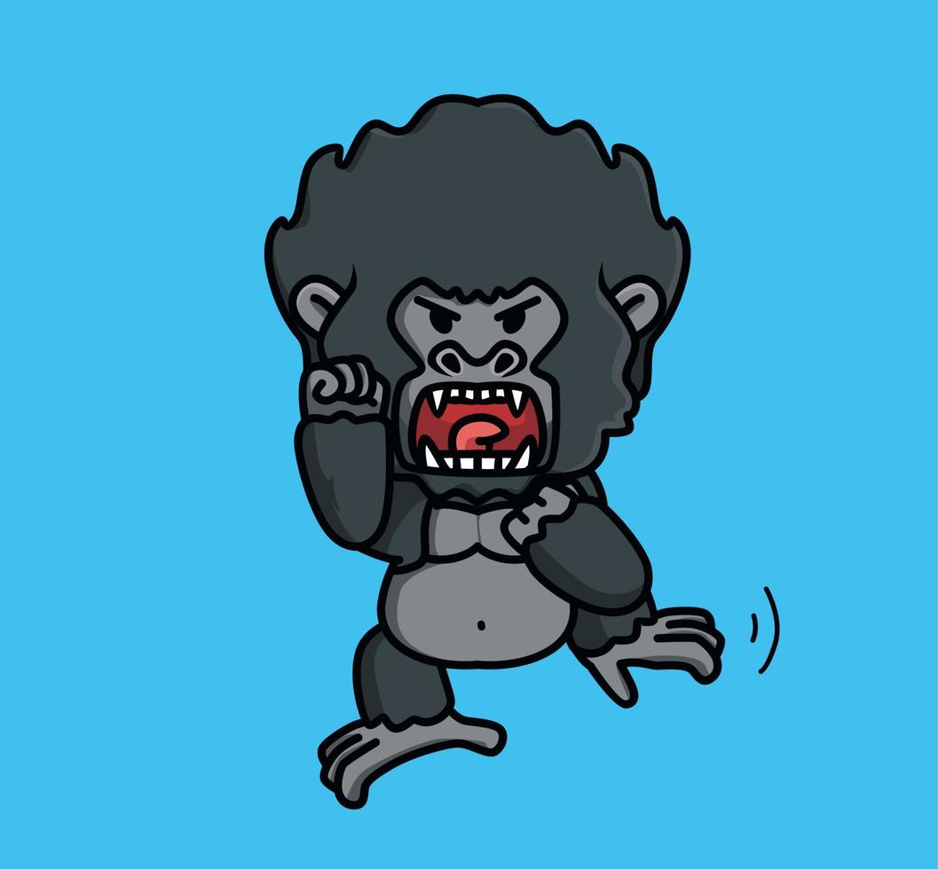 bonito boca grande com raiva dar um aviso bebê jovem gorila macaco macaco preto. ilustração de ícone de estilo plano de desenho animado isolado animal mascote de adesivo de logotipo de vetor premium