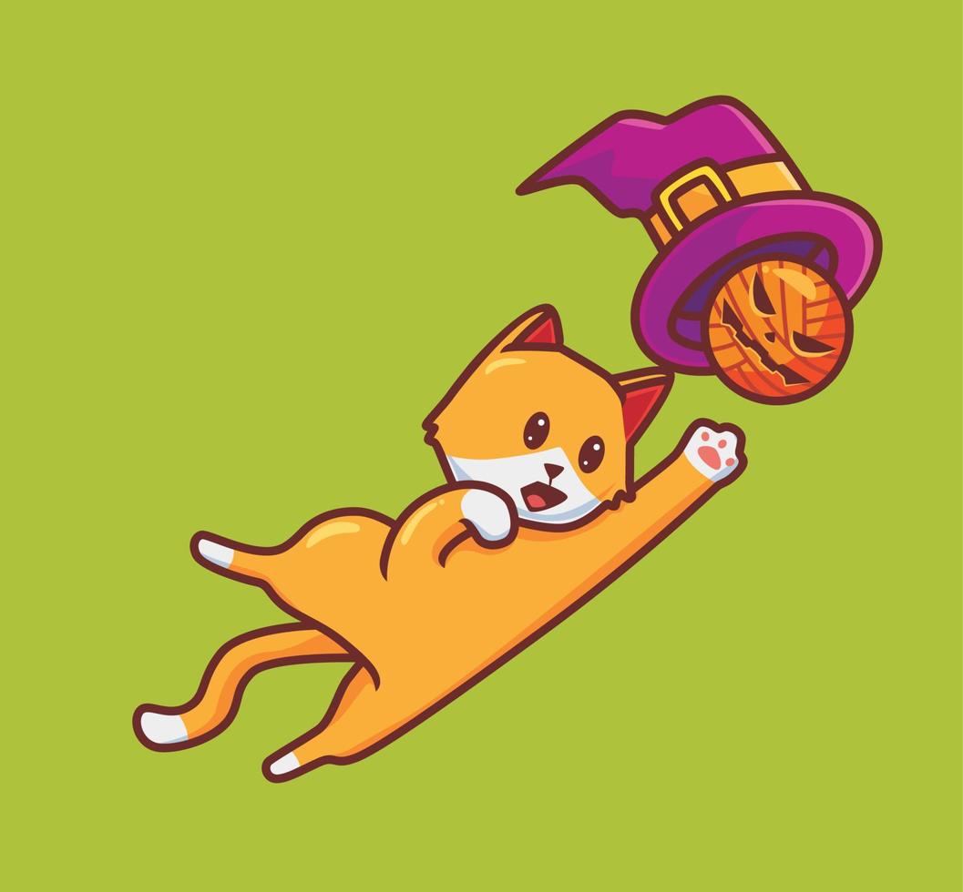 gato bonito jogando feiticeiro de chapéu. ilustração de halloween animal dos desenhos animados isolado. estilo plano adequado para vetor de logotipo premium de design de ícone de adesivo. personagem mascote