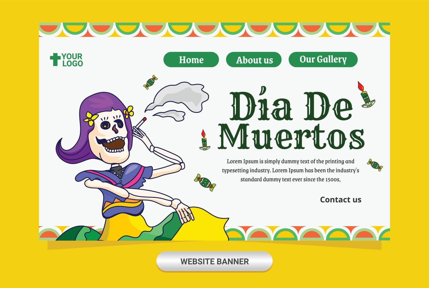 modelo de banner de conceito de ilustração plana dia de muertos vetor