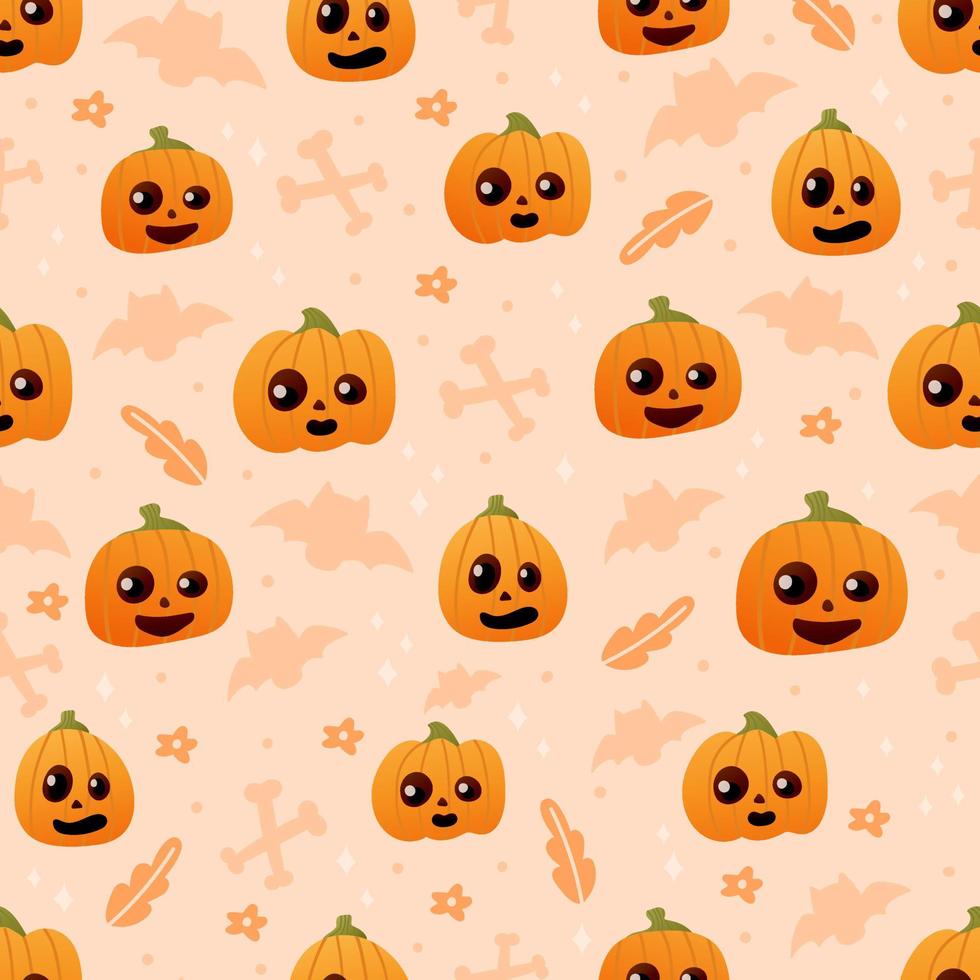 rosto de abóbora bonito sem costura padrão sobre fundo claro com morcegos e ossos, halloween ornamentado para papel de embrulho ou têxtil, motivo colorido em estilo cartoon para crianças vetor