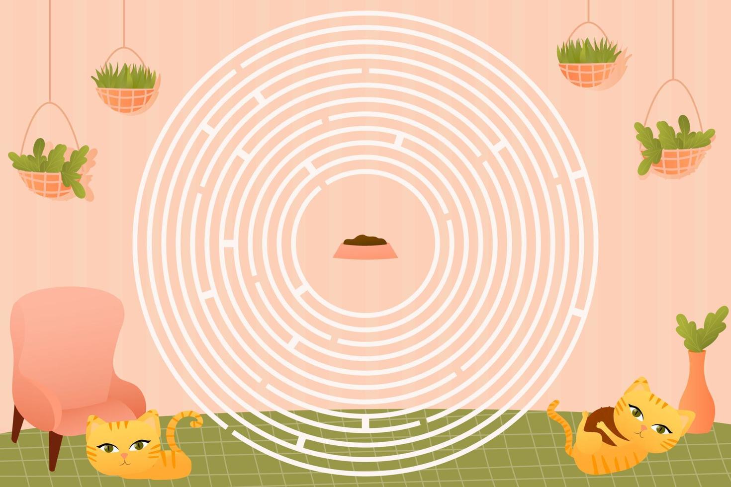 labirinto circular para crianças imprimíveis com personagens animais fofos gatos vermelhos brincando, ajuda a encontrar o caminho para a comida, questionário para livro vetor