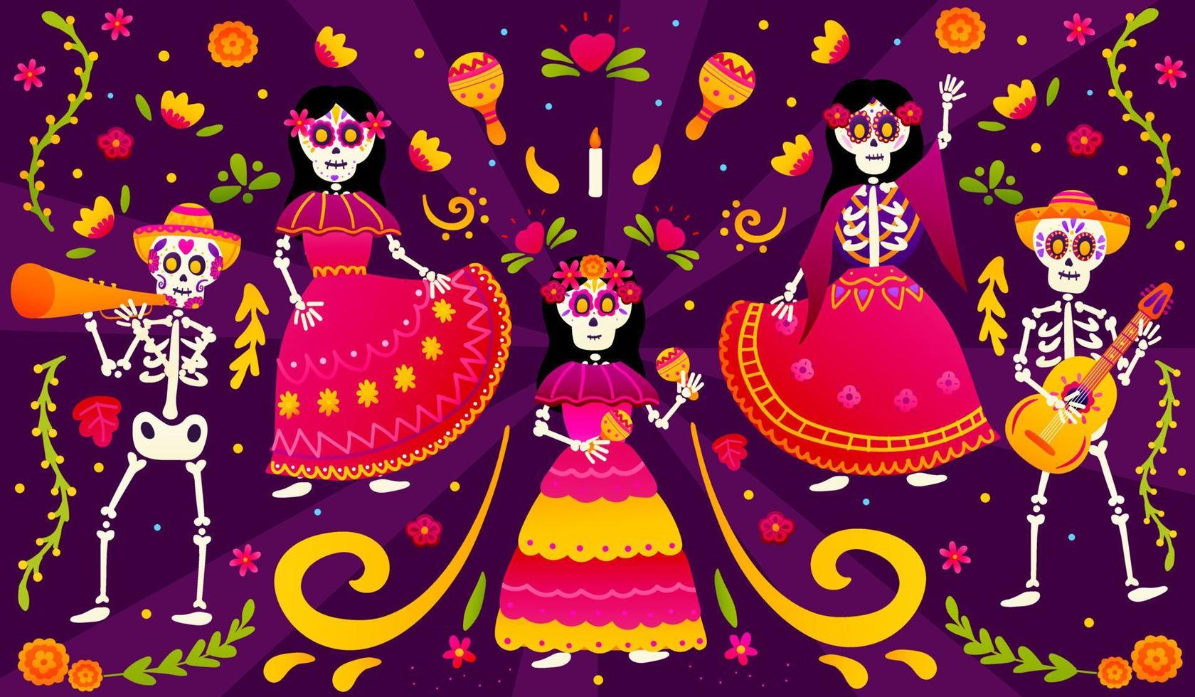dia dos mortos ou dia de los muertos com esqueletos dançando e tocando violão, guirlanda de papel colorido para banner web, convite para festa em estilo mexicano, celebração do festival vetor