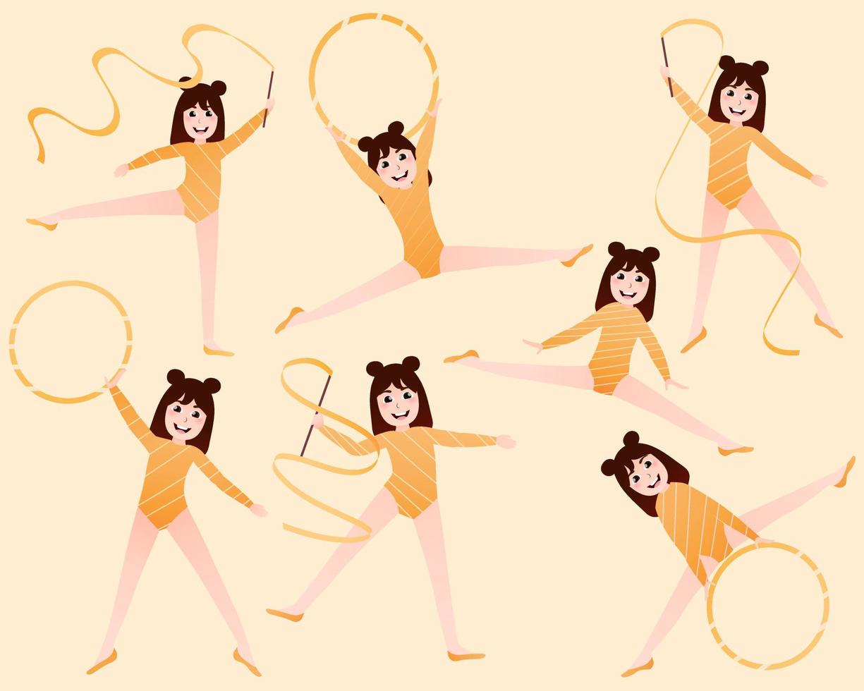 conjunto com ginástica bonitinha ou poses de treinamento de meninas bailarinas em fundo amarelo vetor