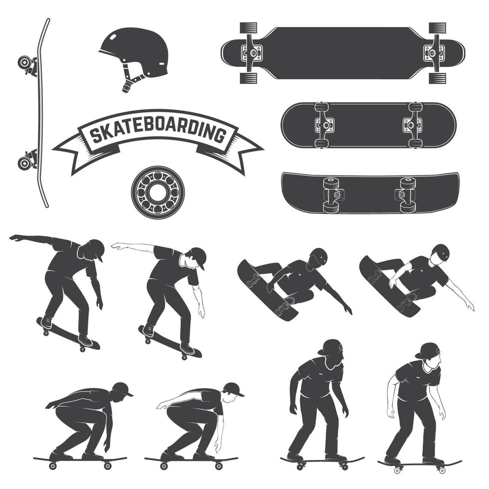 conjunto de ícone de skate e skatistas. ilustração vetorial. vetor