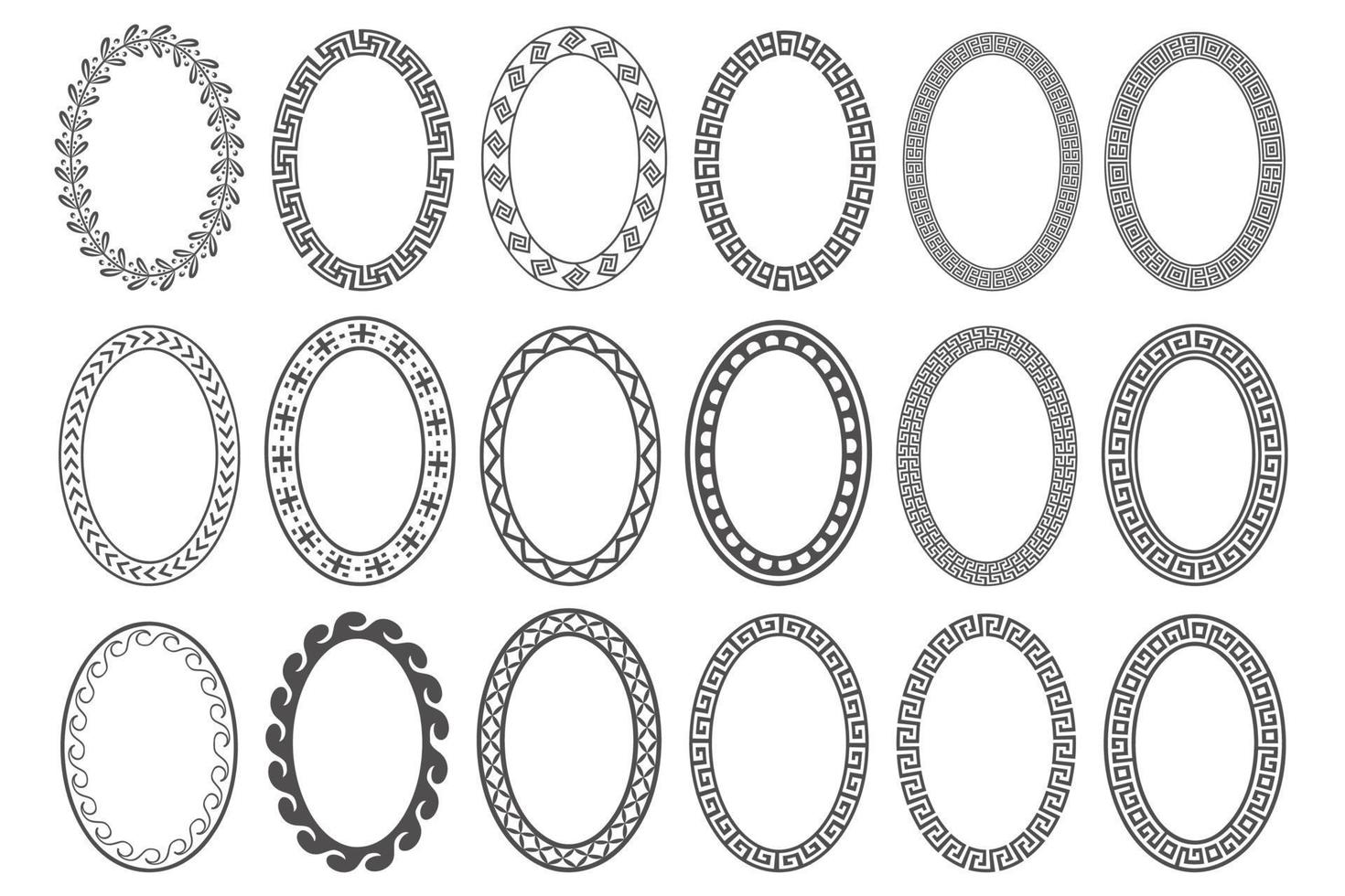conjunto de moldura oval chave grega. bordas do círculo com ornamentos meandros. desenhos antigos de elipse. vetor