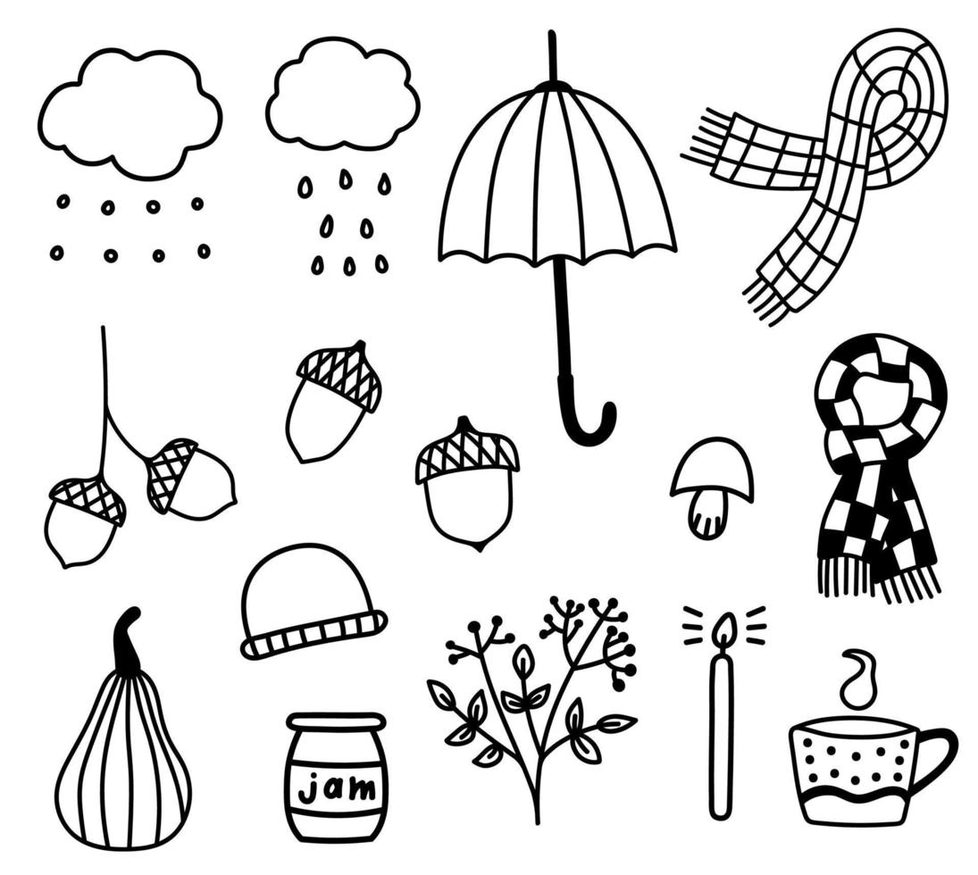 outono aconchegante conjunto de elementos de doodle. lenços isolados desenhados à mão, guarda-chuva, bolotas, nuvens, candel. ilustração vetorial de contorno de outono fofo vetor