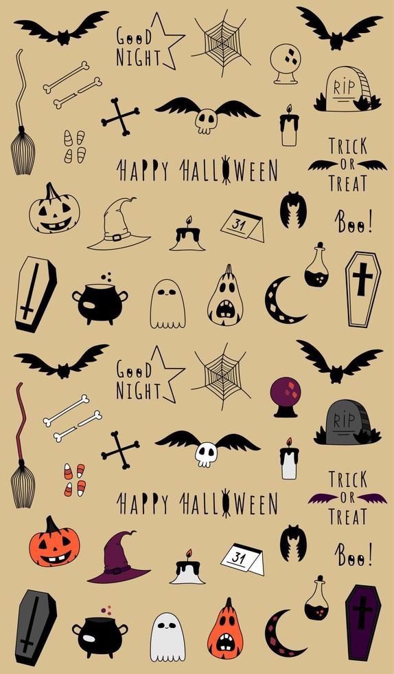 coleção de adesivos de halloween doodle isolado. conjunto de itens mágicos desenhados à mão, morcegos, abóboras. feliz dia das bruxas, elementos de doces ou travessuras vetor