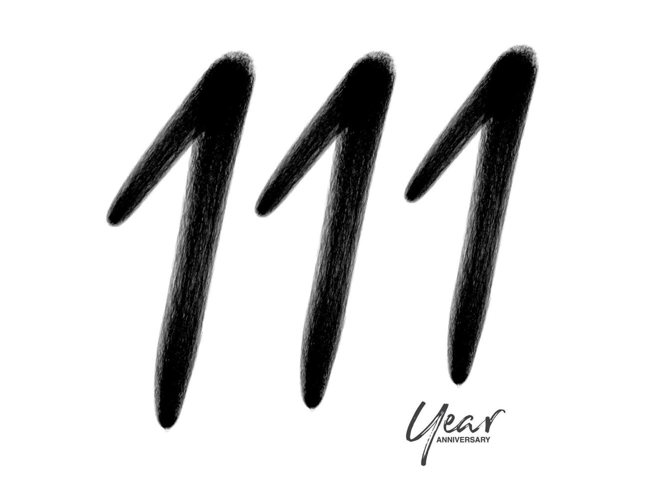 Modelo de vetor de celebração de aniversário de 111 anos, design de logotipo de 111 números, 111º aniversário, números de letras pretas desenho de pincel esboço desenhado à mão, ilustração vetorial de design de logotipo de número