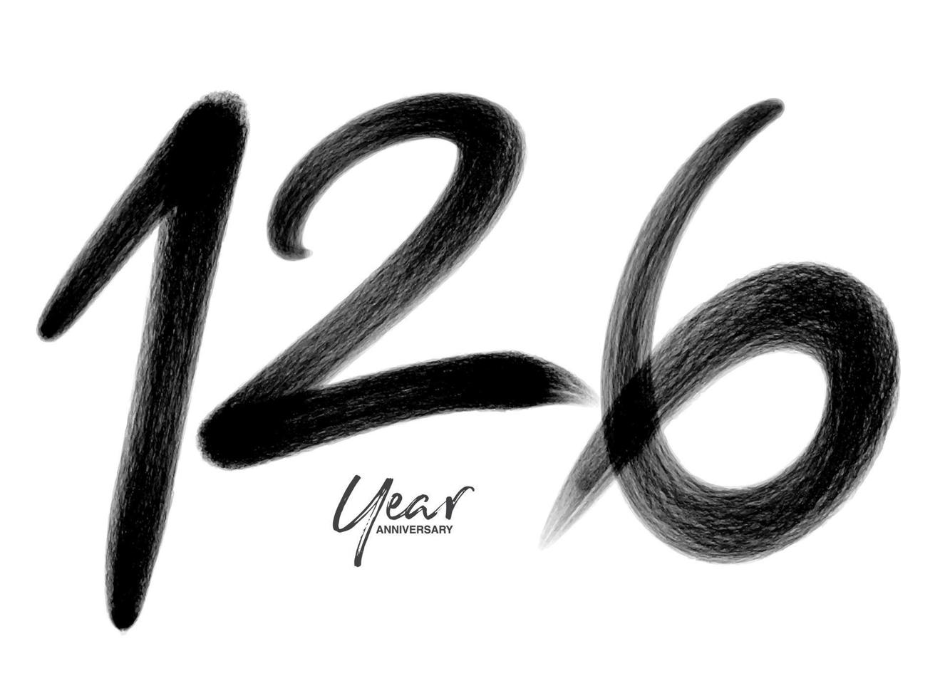 Modelo de vetor de comemoração de aniversário de 126 anos, design de logotipo de 126 números, 126º aniversário, números de letras pretas desenho de pincel esboço desenhado à mão, ilustração vetorial de design de logotipo de número