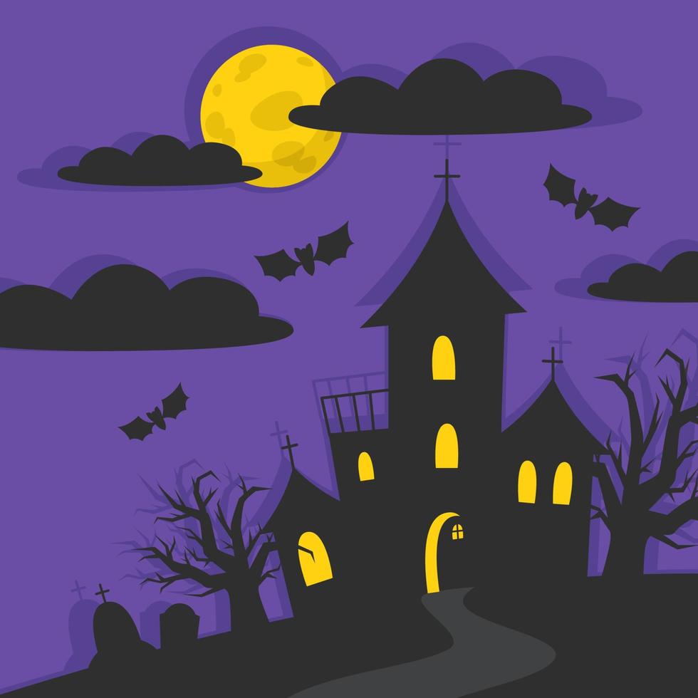 ilustração de halloween de paisagem noturna com castelo e lua cheia vetor