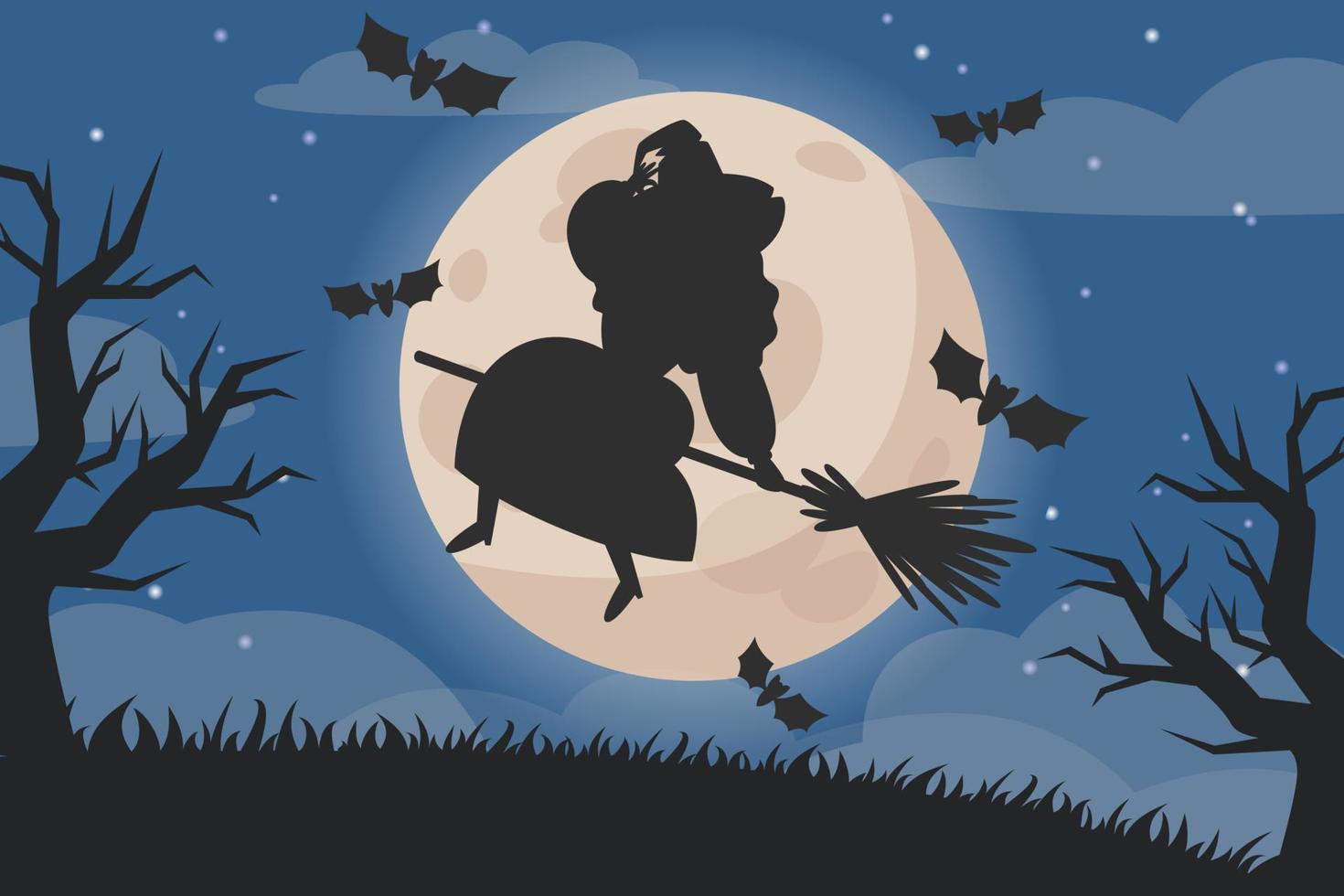 ilustração de paisagem de noite de halloween com lápides, bruxa na vassoura e lua cheia vetor