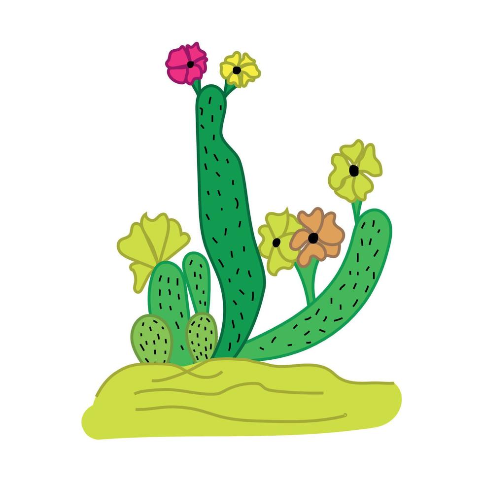 cacto desenhado à mão no deserto com flores vetor