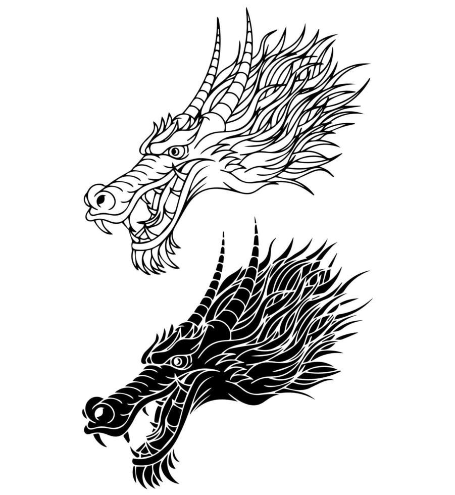 desenhos tradicionais de tatuagem de cabeça de dragão preto e branco vetor
