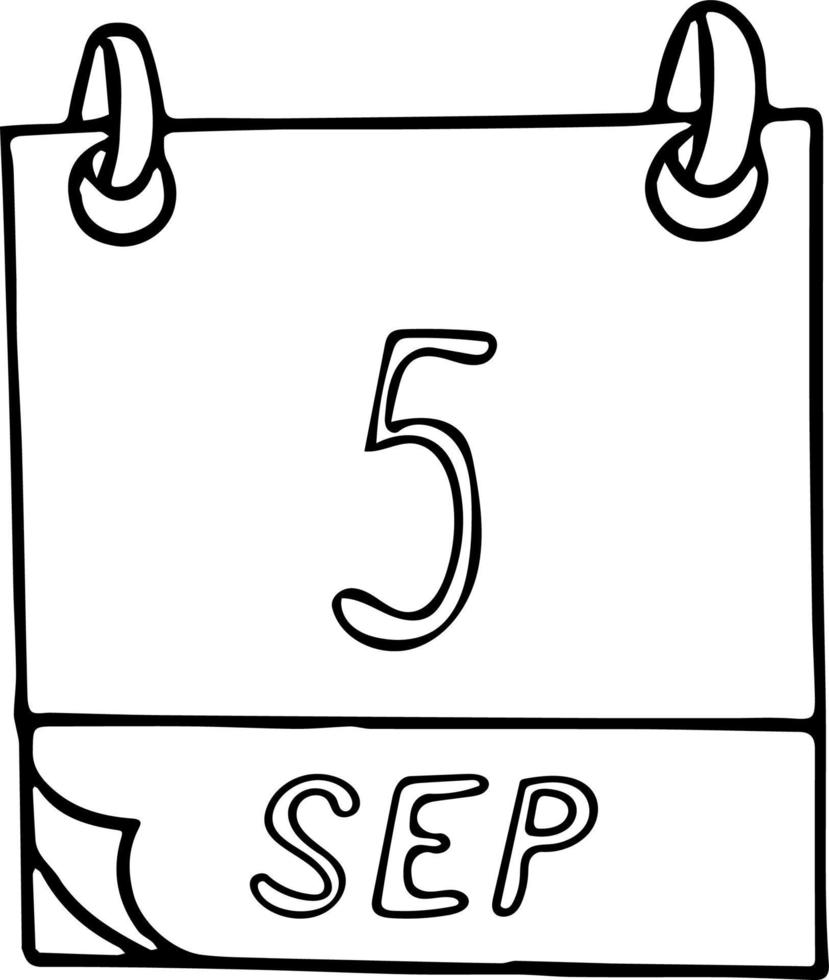 calendário desenhado à mão em estilo doodle. 5 de setembro. dia mundial da barba, internacional de caridade, data. ícone, elemento de adesivo para design. planejamento, férias de negócios vetor