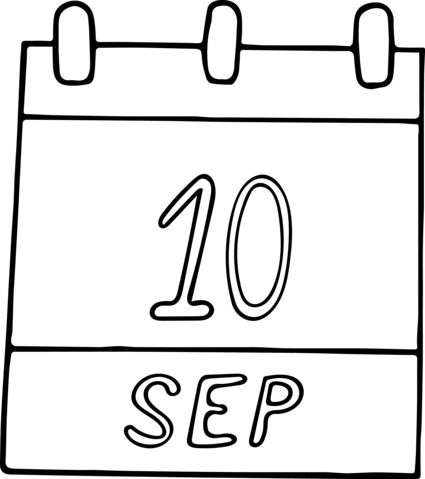 calendário, rabisco, setembro, 10, mundo, suicídio, prevenção, dia, outono, outono, mão, desenhado, branco, esboço, solteiro, evento, símbolo, projeto, mês, elemento, data, placa, escritório, número, plano, vetor