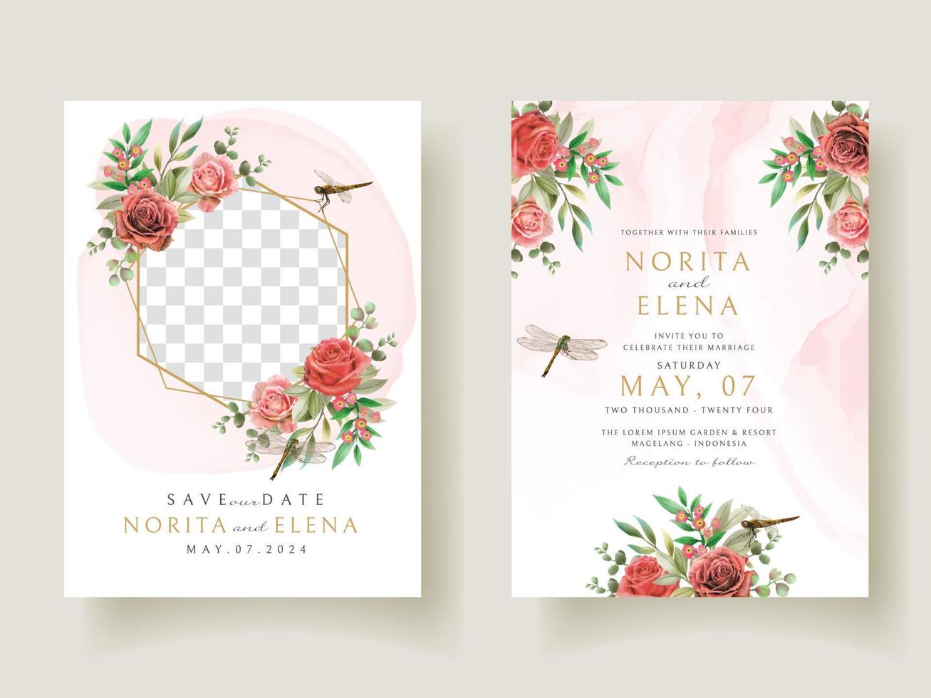 cartão de convite de casamento em aquarela de pintura floral e libélula vetor