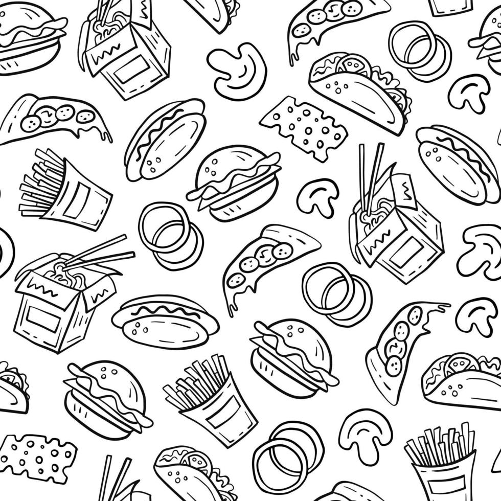 estilo de desenho animado padrão sem emenda de doodle de fast food vetor